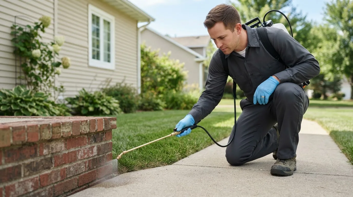 Pest control technician treating a home near Truchas, NM